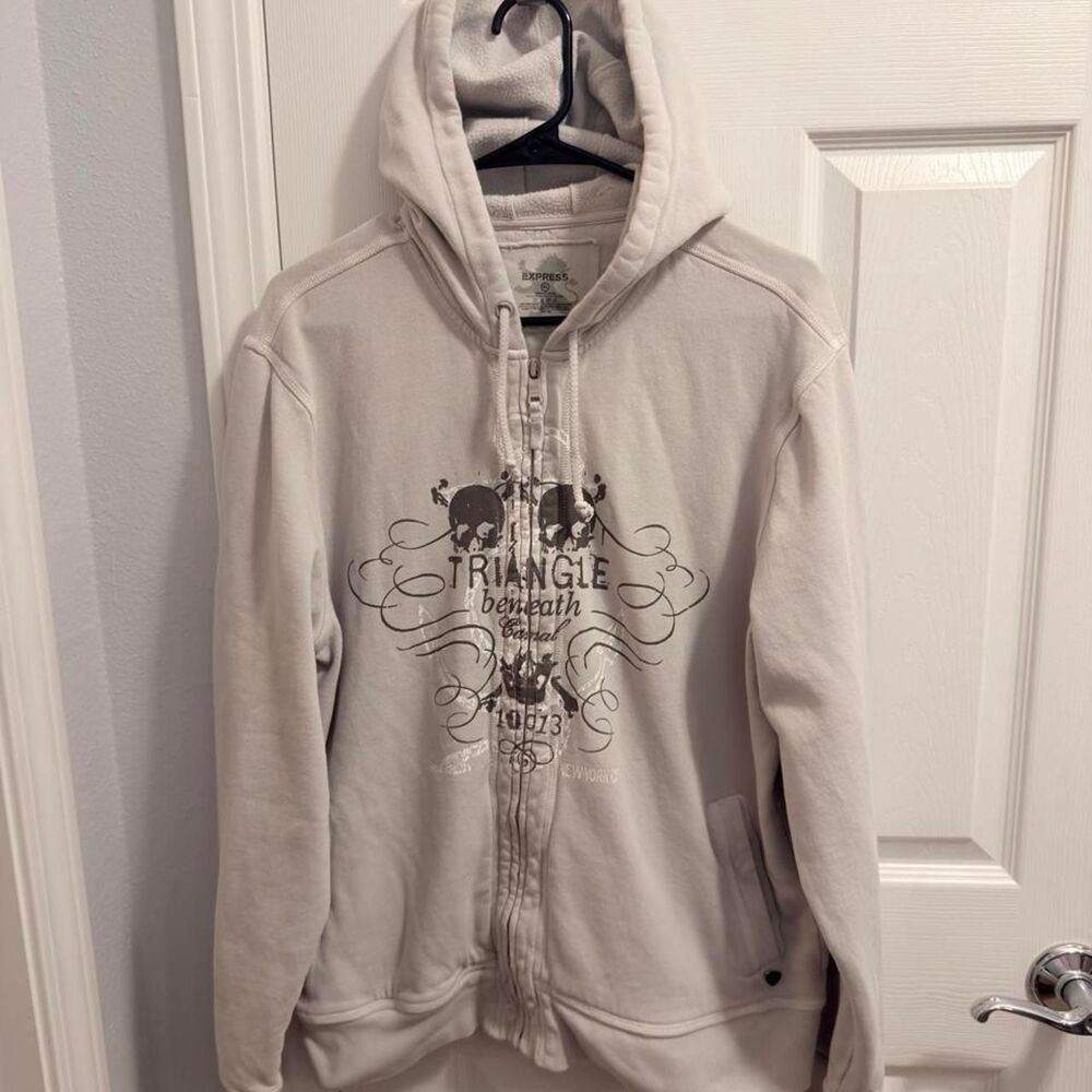 Express Men's Cream and Grey Hoodie